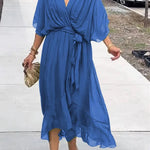 Elodie | Women's Belted Chiffon V Neck Cocktail Dress - Blue