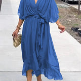 Elodie | Women's Belted Chiffon V Neck Cocktail Dress - Blue