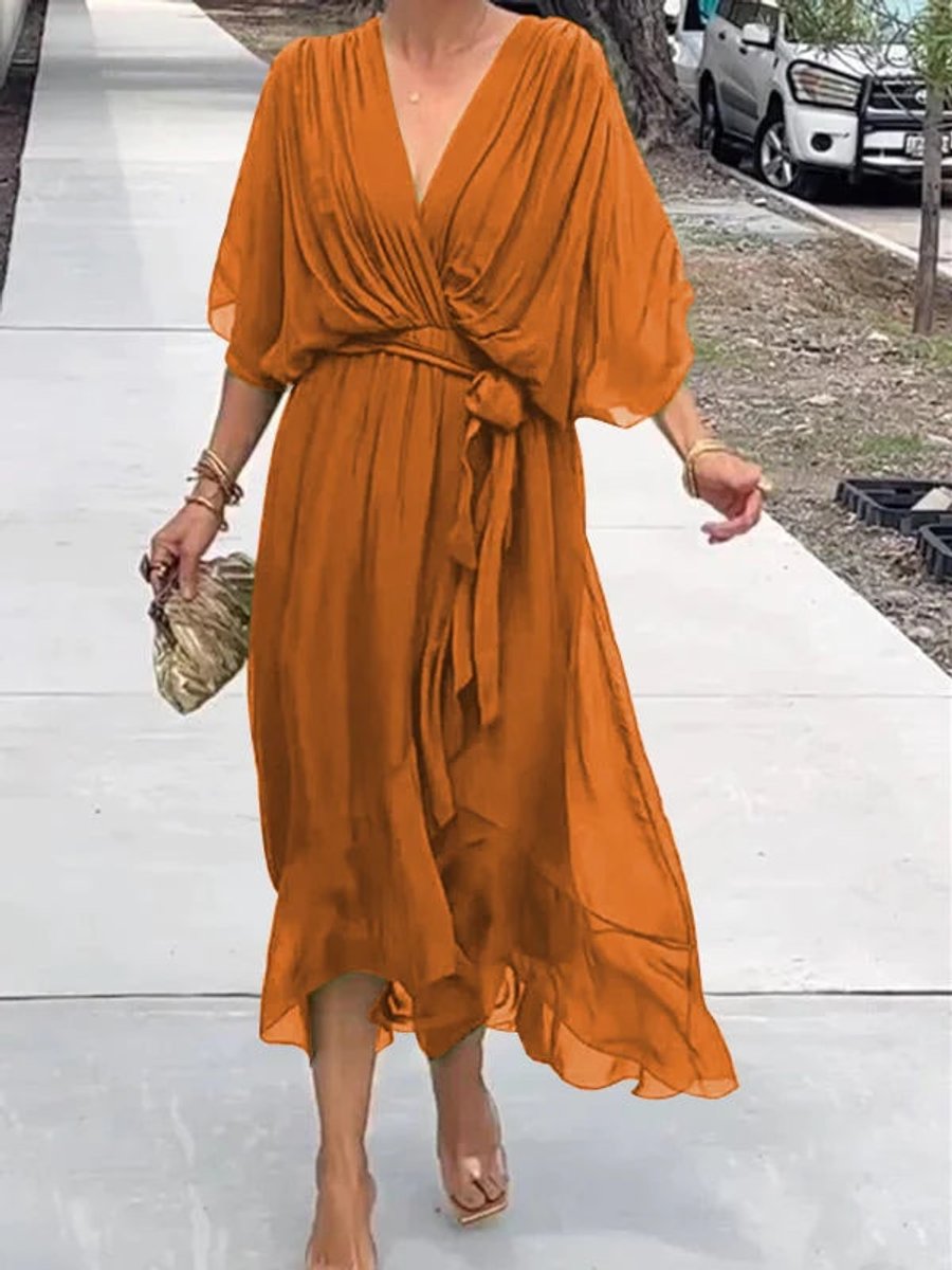 Elodie | Women's Belted Chiffon V Neck Cocktail Dress - Orange