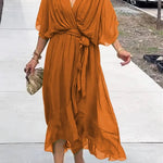 Elodie | Women's Belted Chiffon V Neck Cocktail Dress - Orange