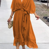 Elodie | Women's Belted Chiffon V Neck Cocktail Dress - Orange