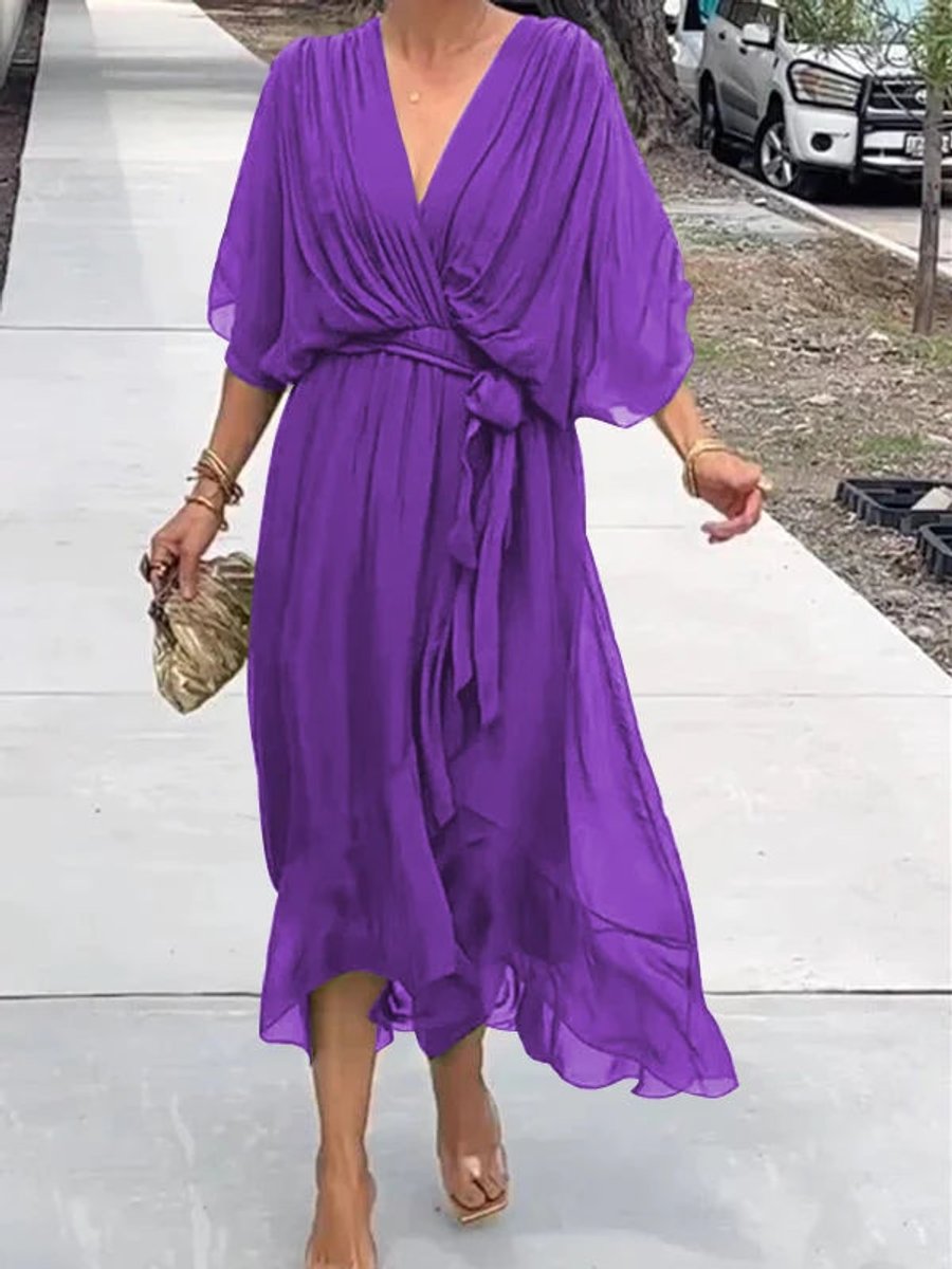 Elodie | Women's Belted Chiffon V Neck Cocktail Dress - Purple