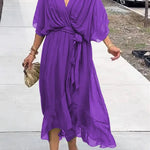 Elodie | Women's Belted Chiffon V Neck Cocktail Dress - Purple