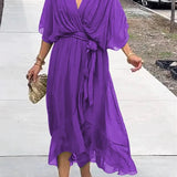 Elodie | Women's Belted Chiffon V Neck Cocktail Dress - Purple