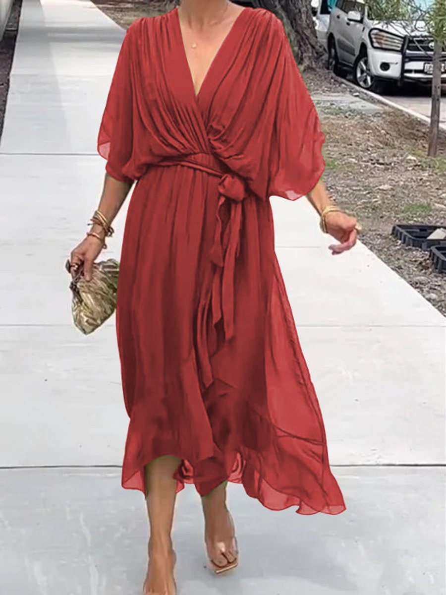 Elodie | Women's Belted Chiffon V Neck Cocktail Dress - Red