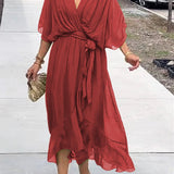 Elodie | Women's Belted Chiffon V Neck Cocktail Dress - Red