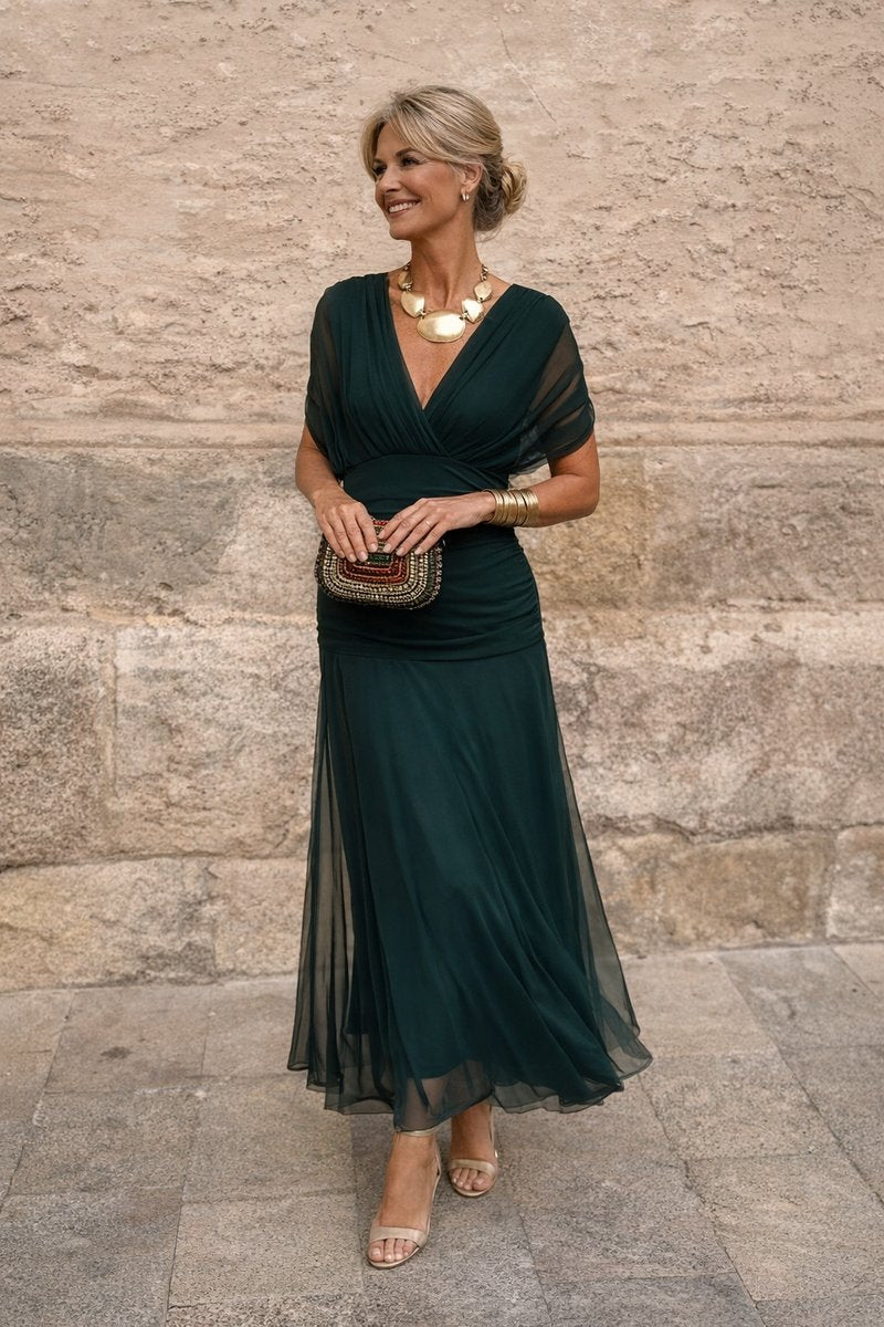 Natalie | Women's Ruched Chiffon V Neck Cocktail Dress - Bottle Green