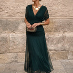 Natalie | Women's Ruched Chiffon V Neck Cocktail Dress - Bottle Green