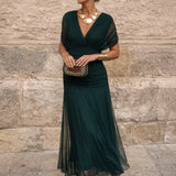 Natalie | Women's Ruched Chiffon V Neck Cocktail Dress - Bottle Green