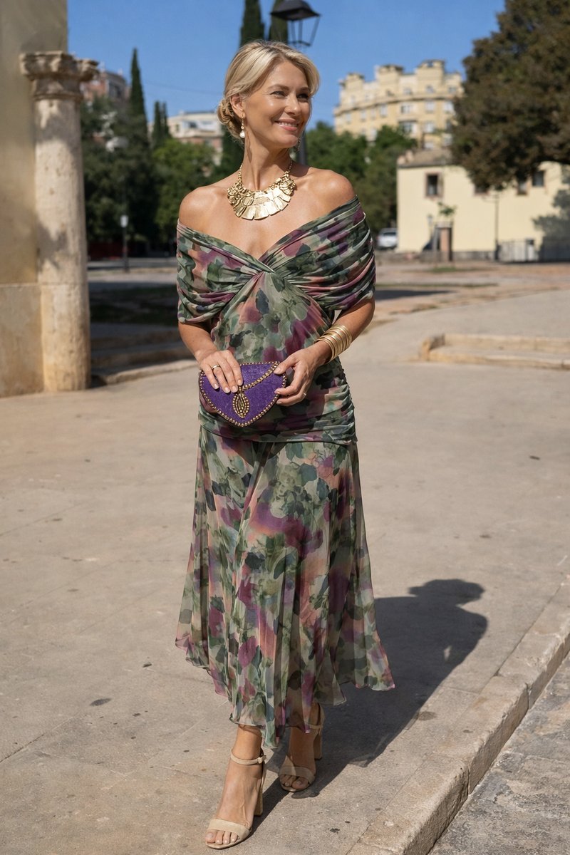 Natalie | Women's Ruched Chiffon V Neck Cocktail Dress - Enchanted Garden