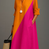 Emily | Women's Colour Block Midi Dress - Orange & Pink