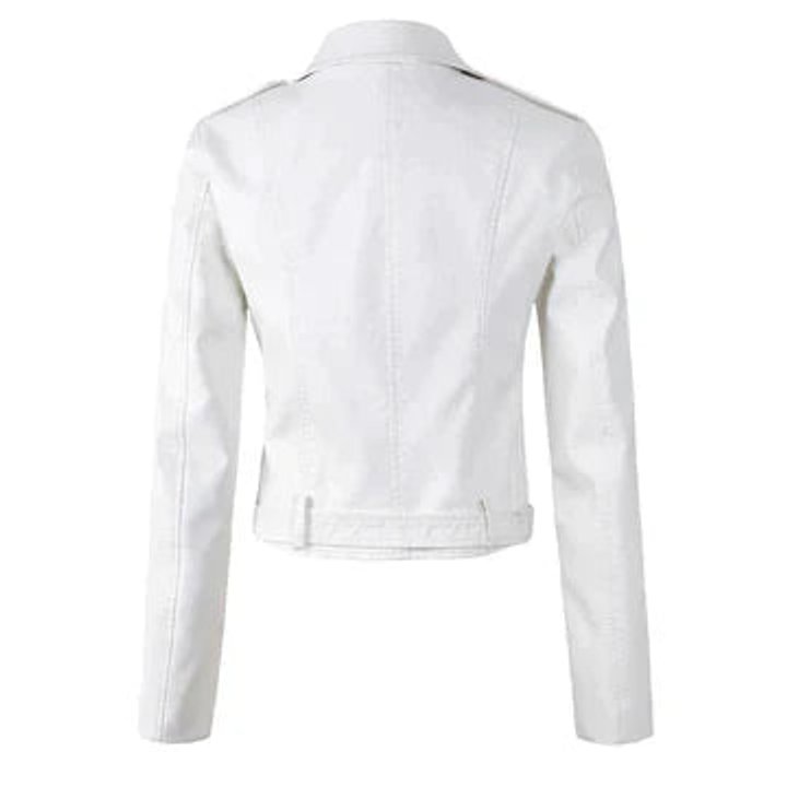 Heather | Women's Faux Leather Cropped Moto Biker Jacket - White