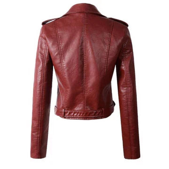Heather | Women's Faux Leather Cropped Moto Biker Jacket - Red