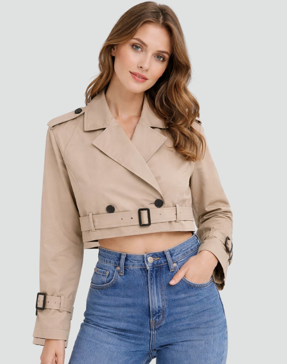 Quinn | Women's Double Breasted Belted Cropped Trench Coat - Brown