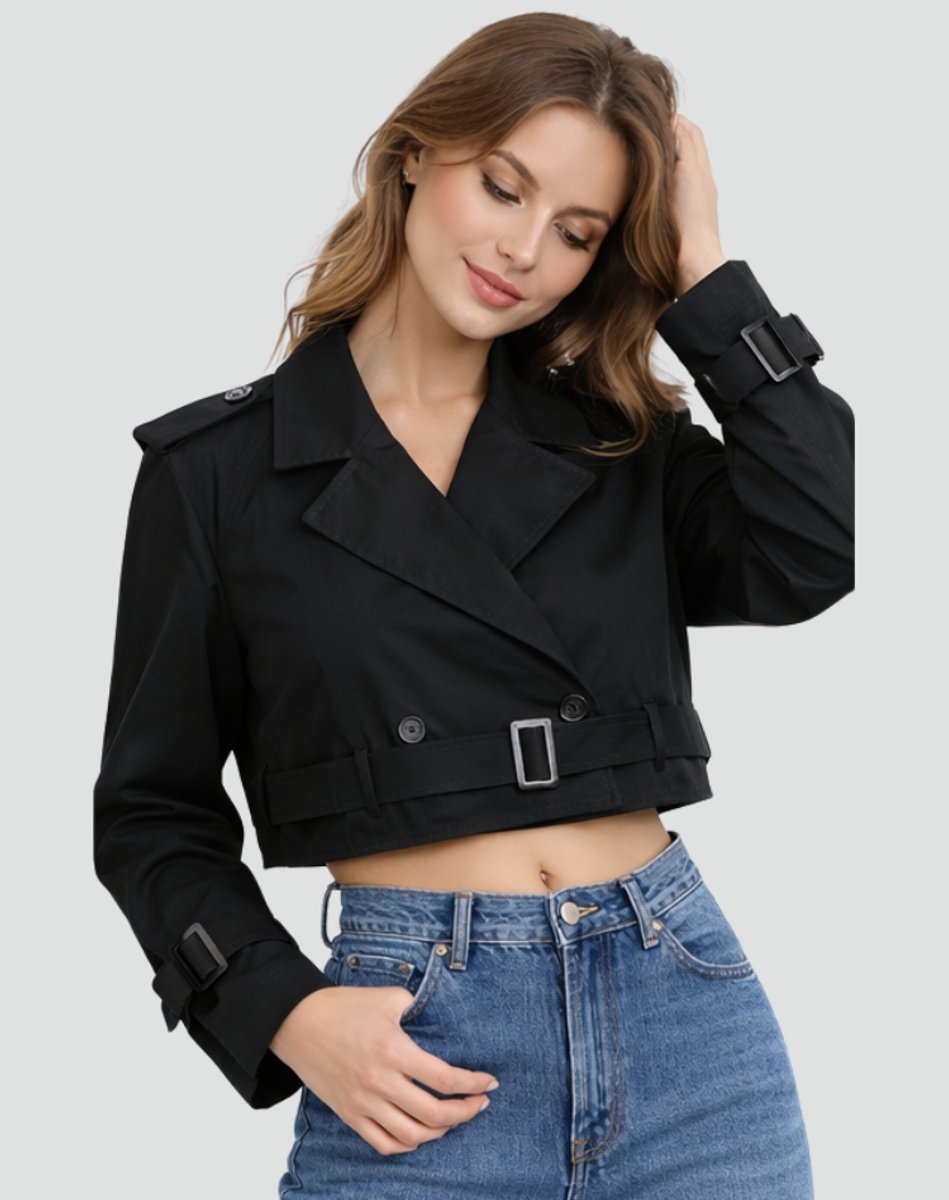 Quinn | Women's Double Breasted Belted Cropped Trench Coat - Black