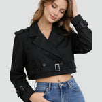 Quinn | Women's Double Breasted Belted Cropped Trench Coat - Black