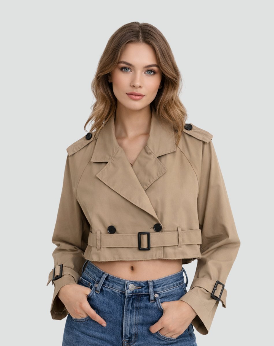 Quinn | Women's Double Breasted Belted Cropped Trench Coat - Khaki