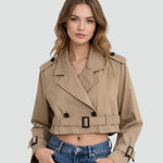 Quinn | Women's Double Breasted Belted Cropped Trench Coat - Khaki