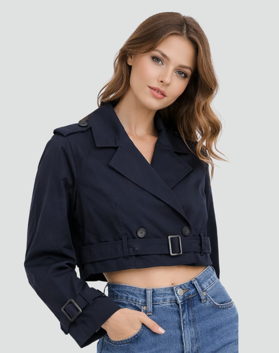 Quinn | Women's Double Breasted Belted Cropped Trench Coat - Navy Blue