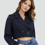 Quinn | Women's Double Breasted Belted Cropped Trench Coat - Navy Blue