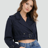 Quinn | Women's Double Breasted Belted Cropped Trench Coat - Navy Blue