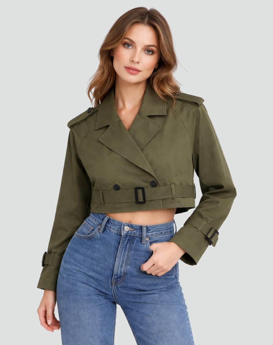 Quinn | Women's Double Breasted Belted Cropped Trench Coat - Army Green