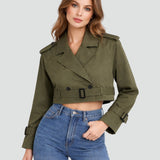 Quinn | Women's Double Breasted Belted Cropped Trench Coat - Army Green