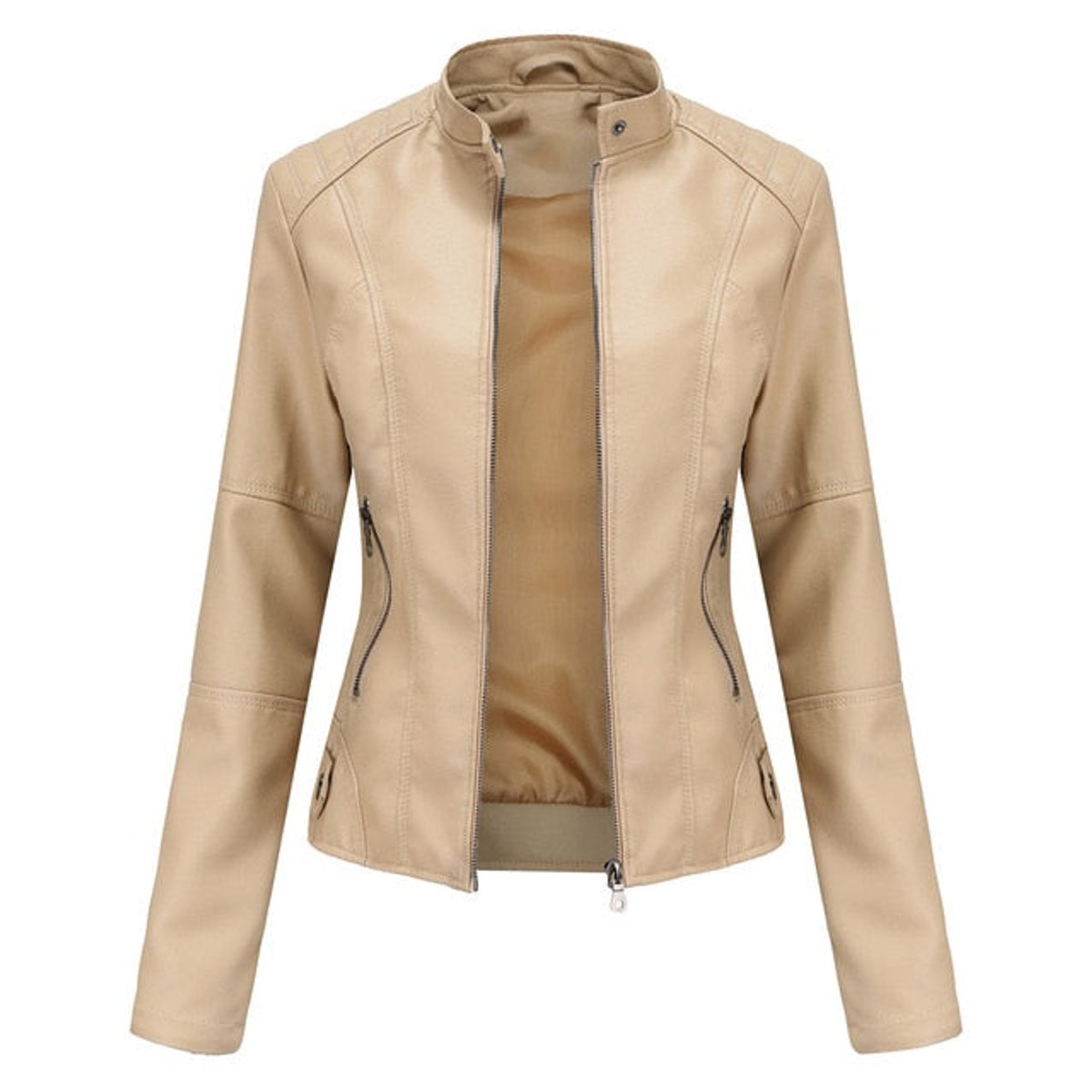 Renee | Women's Faux Leather Stand Collar Cropped Coat - Beige