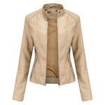 Renee | Women's Faux Leather Stand Collar Cropped Coat - Beige