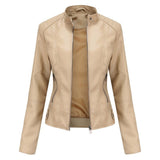 Renee | Women's Faux Leather Stand Collar Cropped Coat - Beige