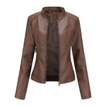 Renee | Women's Faux Leather Stand Collar Cropped Coat - Brown