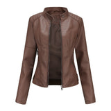Renee | Women's Faux Leather Stand Collar Cropped Coat - Brown