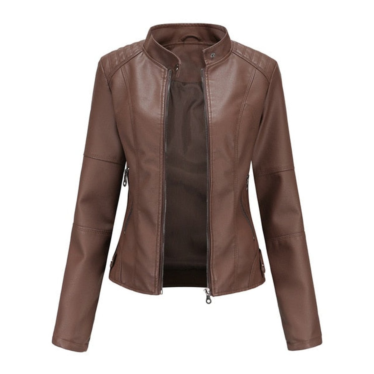Renee | Women's Faux Leather Stand Collar Cropped Coat - Brown