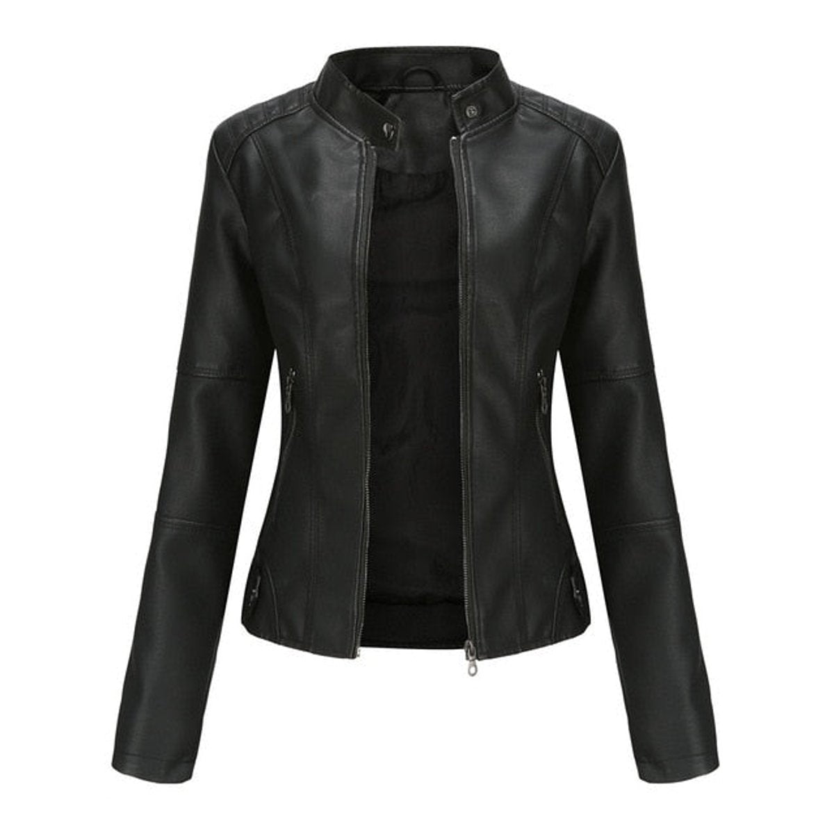 Renee | Women's Faux Leather Stand Collar Cropped Coat - Black