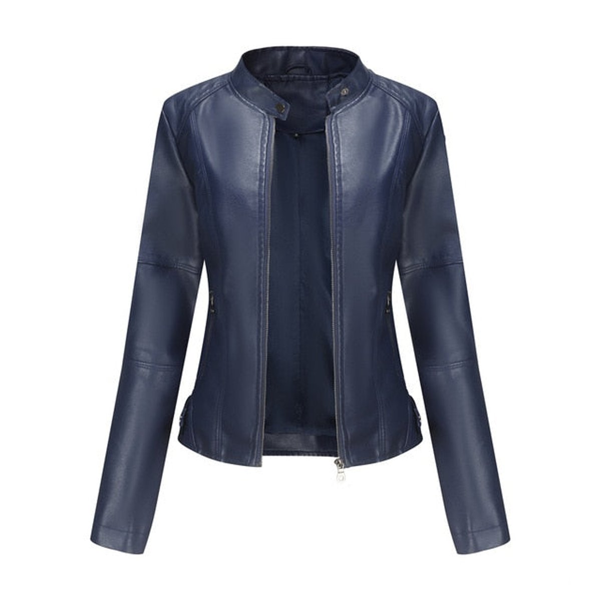 Renee | Women's Faux Leather Stand Collar Cropped Coat - Blue