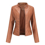 Renee | Women's Faux Leather Stand Collar Cropped Coat - Red-Brown