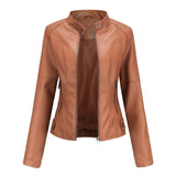 Renee | Women's Faux Leather Stand Collar Cropped Coat - Red-Brown