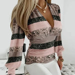 Arabella | Women's Ruched Long Sleeve V Neck Blouse - Pink & Black Stripes