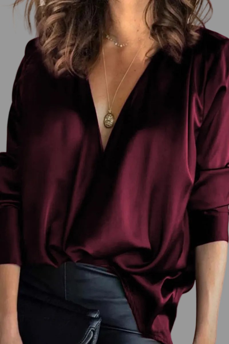 Lillian | Women's Long Sleeve V Neck Blouse - Burgundy
