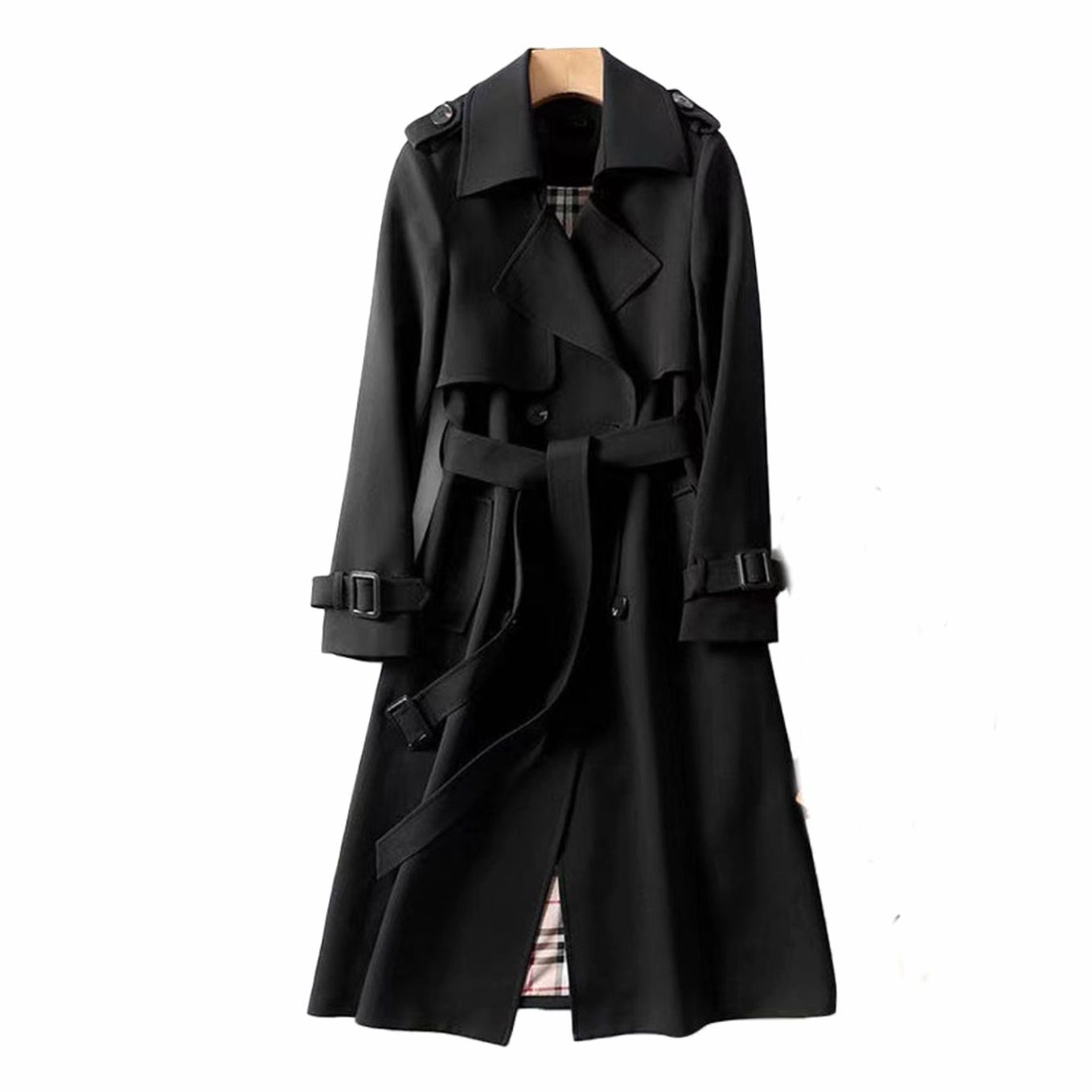 Rachel | Women's Double Breasted Belted Longline Trench Coat - Black