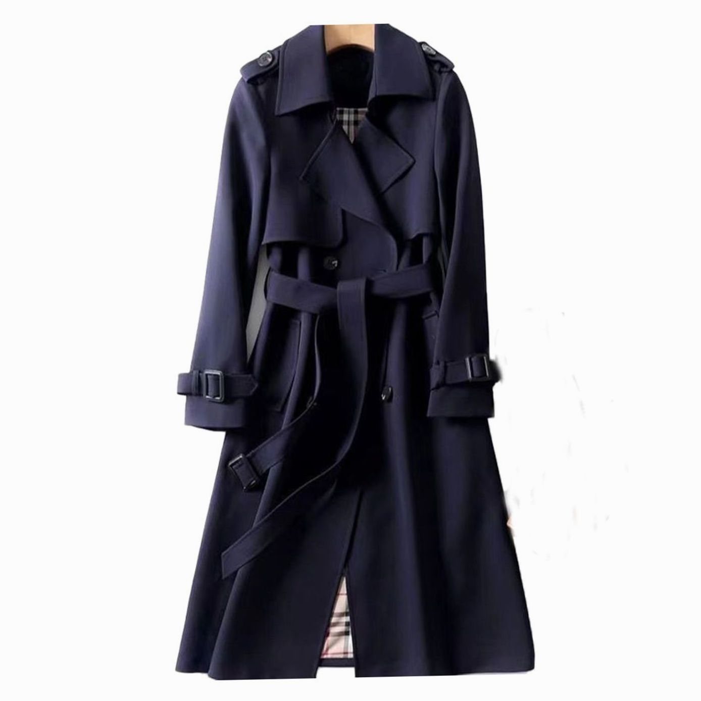 Rachel | Women's Double Breasted Belted Longline Trench Coat - Navy