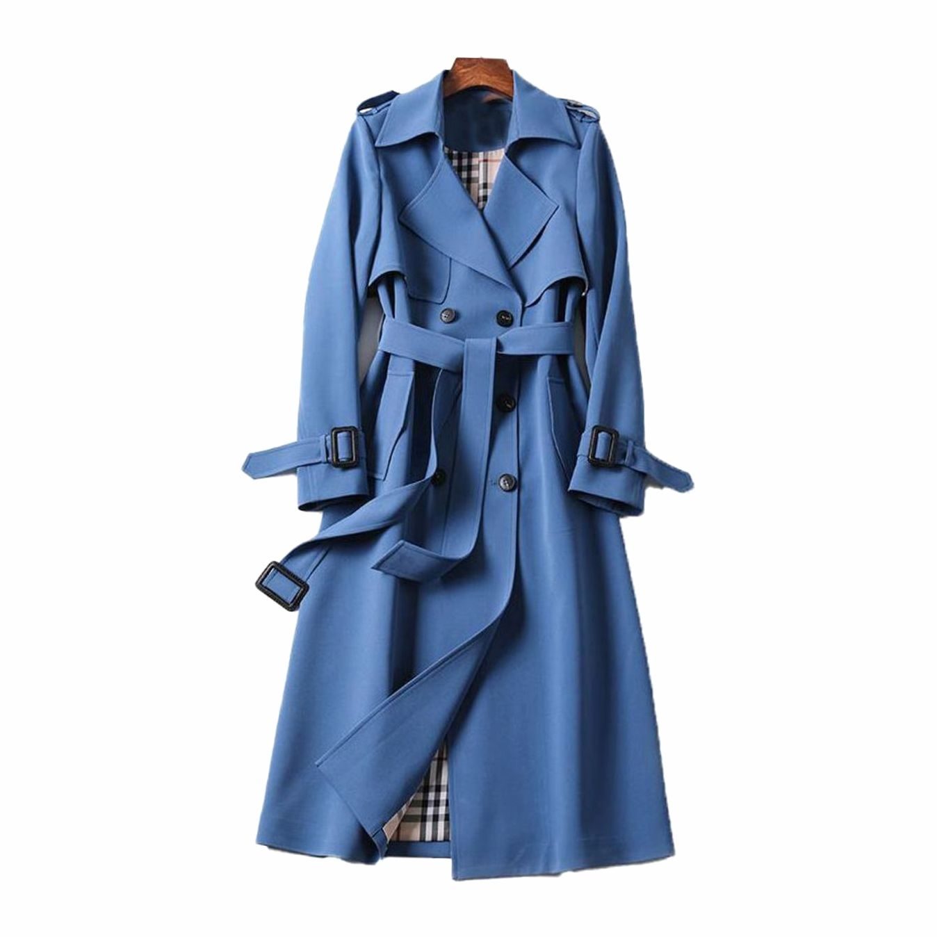 Rachel | Women's Double Breasted Belted Longline Trench Coat - Blue