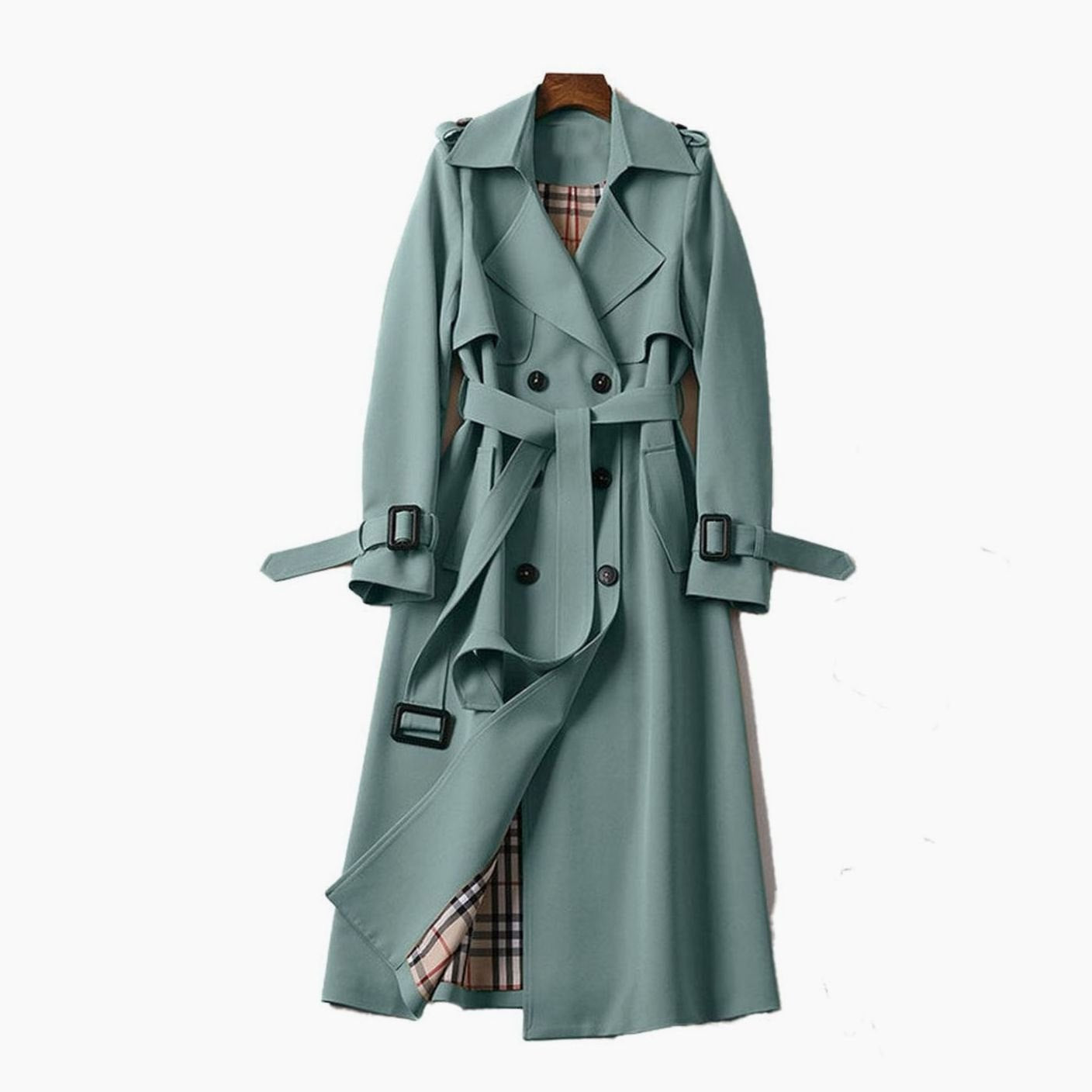 Rachel | Women's Double Breasted Belted Longline Trench Coat - Green