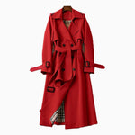 Rachel | Women's Double Breasted Belted Longline Trench Coat - Red