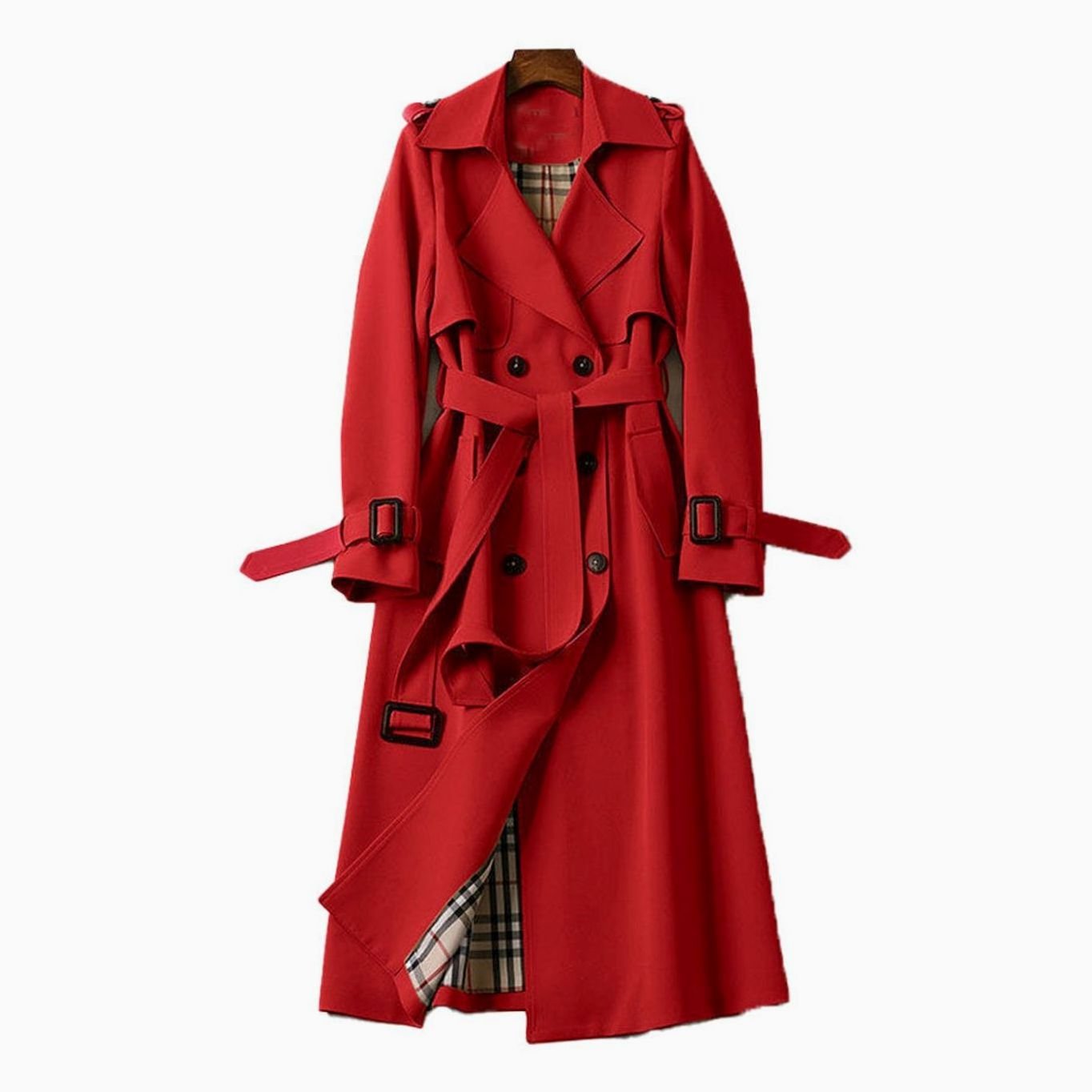 Rachel | Women's Double Breasted Belted Longline Trench Coat - Red