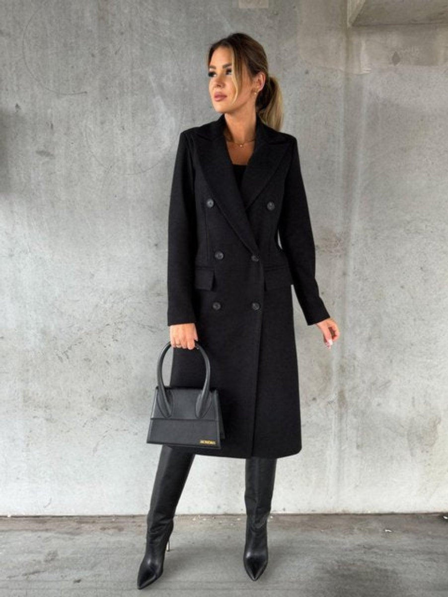 Agatha | Women's Double Breasted Longline Overcoat - Black