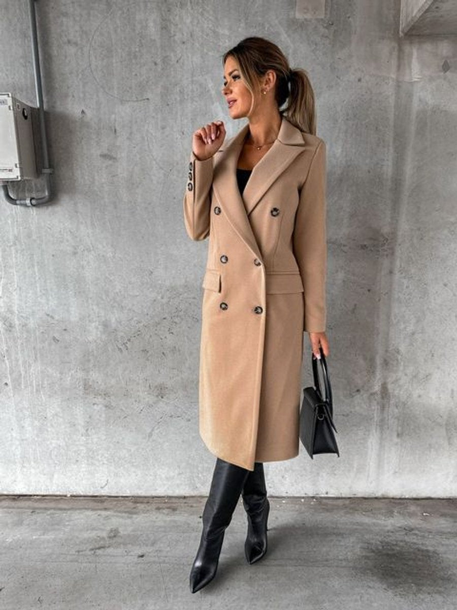 Agatha | Women's Double Breasted Longline Overcoat - Khaki