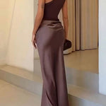 Doreen | Women's One Shoulder Satin Maxi Wedding Guest Dress - Dark Brown