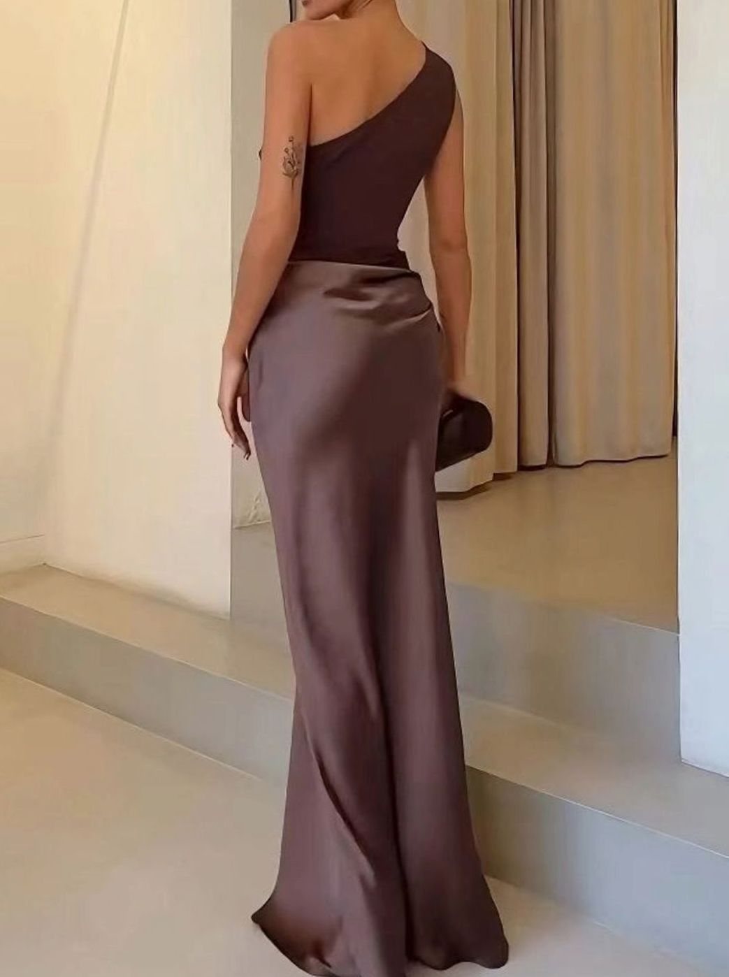 Doreen | Women's One Shoulder Satin Maxi Wedding Guest Dress - Dark Brown