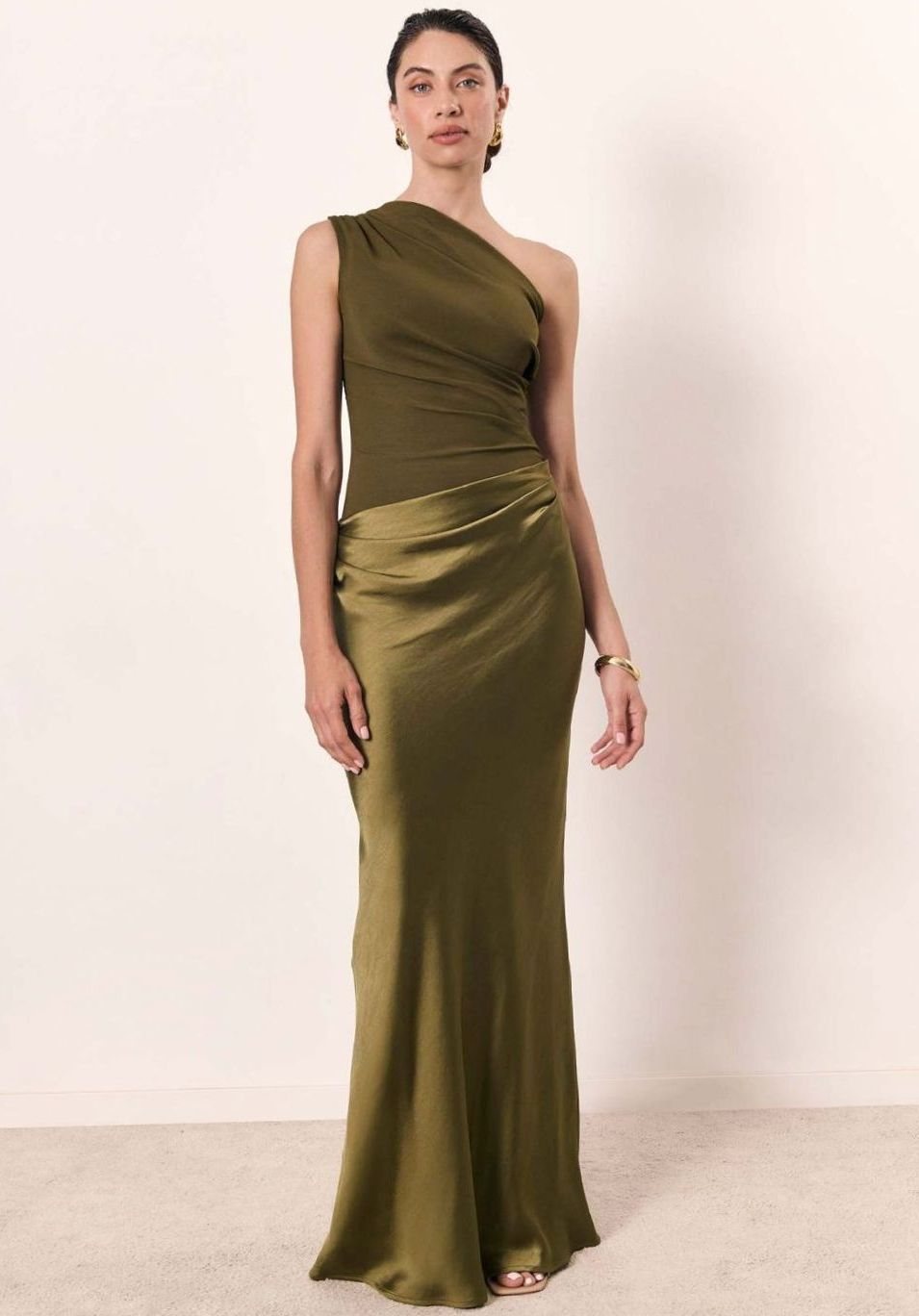Doreen | Women's One Shoulder Satin Maxi Wedding Guest Dress - Matcha